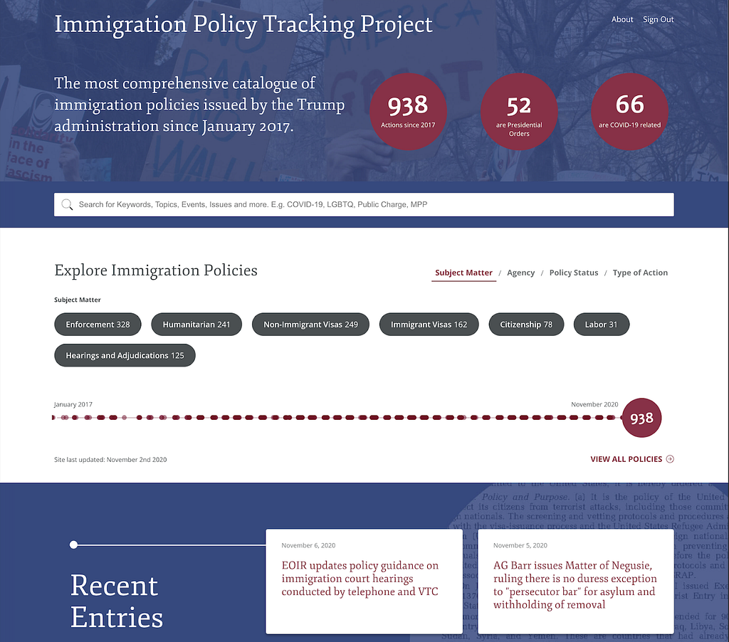 A glimpse at the search function of the Immigration Policy Tracking Project tool