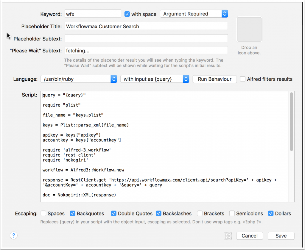 Screenshot of Alfred workflow configuration for Script Filter