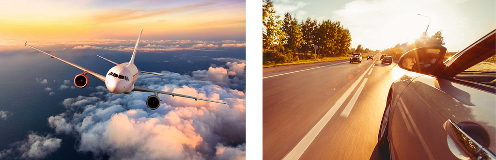 A primeira imagem mostra um avião em meio às nuvens; a segunda mostra um carro em uma rodovia rodovia qualquer.