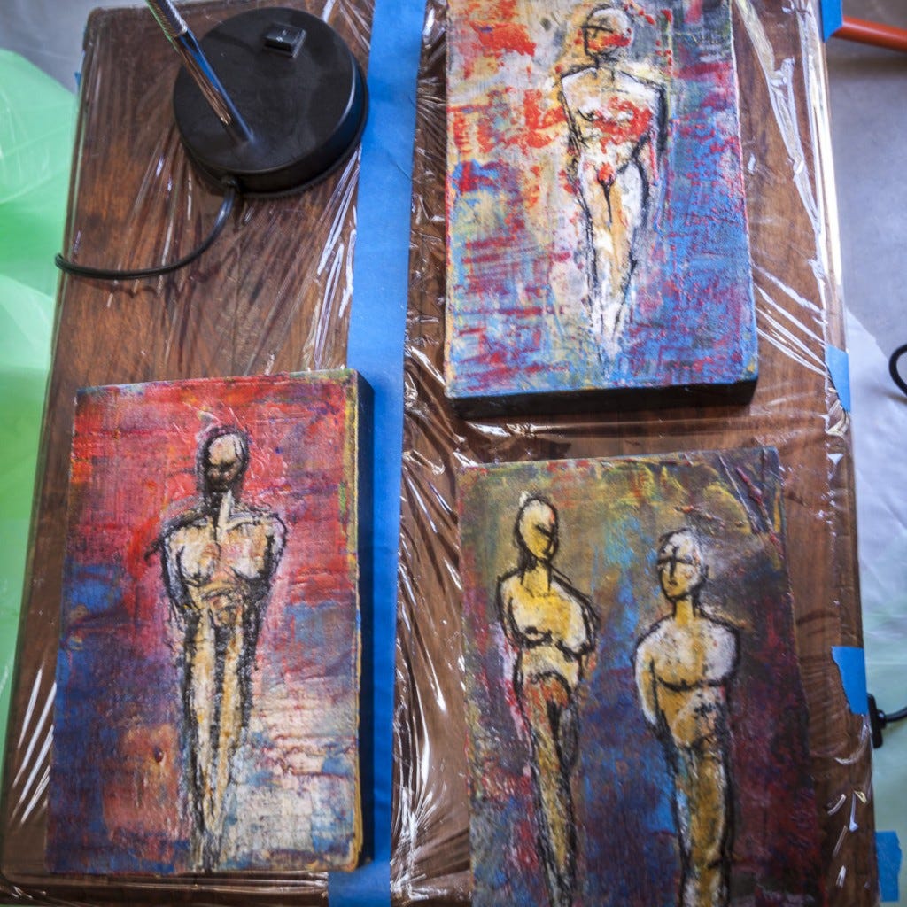figure paintings works-in-progress on small panels in my Santa Fe loft studio 20150816