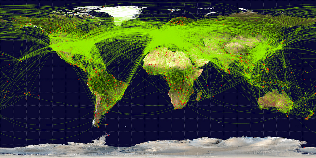 Mapa com simulação das conexões de vôos comerciais pelo mundo em 2020.