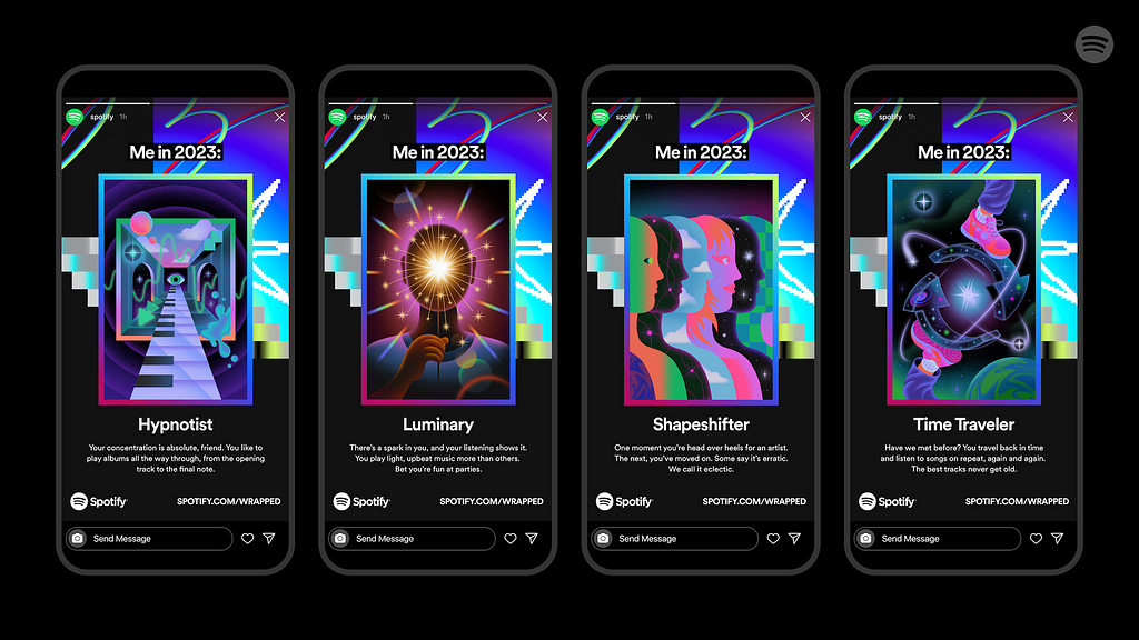 The different mobile app screen mockups of the different “Me in 2023” badges for the 2023 Spotify Wrapped—showing badges for ‘Hypnotist’, ‘ Luminary’, ‘Shapeshifter’, and ‘Time Traveler’