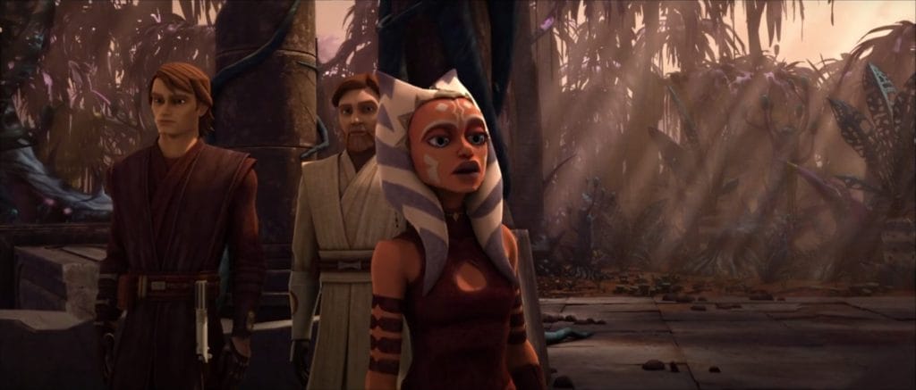 From left to right: Anakin Skywalker, Obi-Wan Kenobi, and Ahsoka Tano from Star Wars: The Clone Wars (2008–2014, 2020). Credit: YouTube/Star Wars