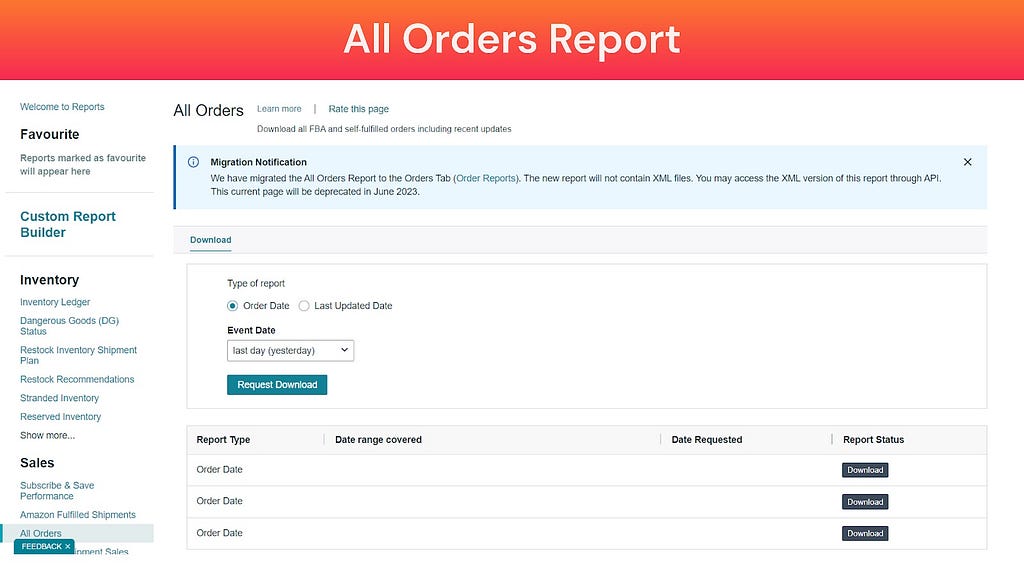 Screenshot of All Orders Reports