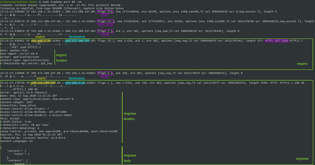 screenshot of the tcpdump command  output