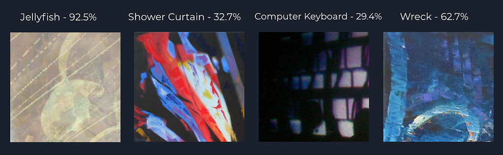 Images and their likelihood of being their label: Jellyfish 92.5%, Shower Curtain 32.7%, Computer Keyboard 29.4%, Wreck 62.7%