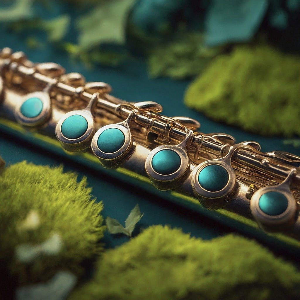 A close-up view of a golden flute with turquoise-colored pads, set against a backdrop of green moss and leaves, symbolizing the harmonious connection between music and nature in the context of renewable energy.