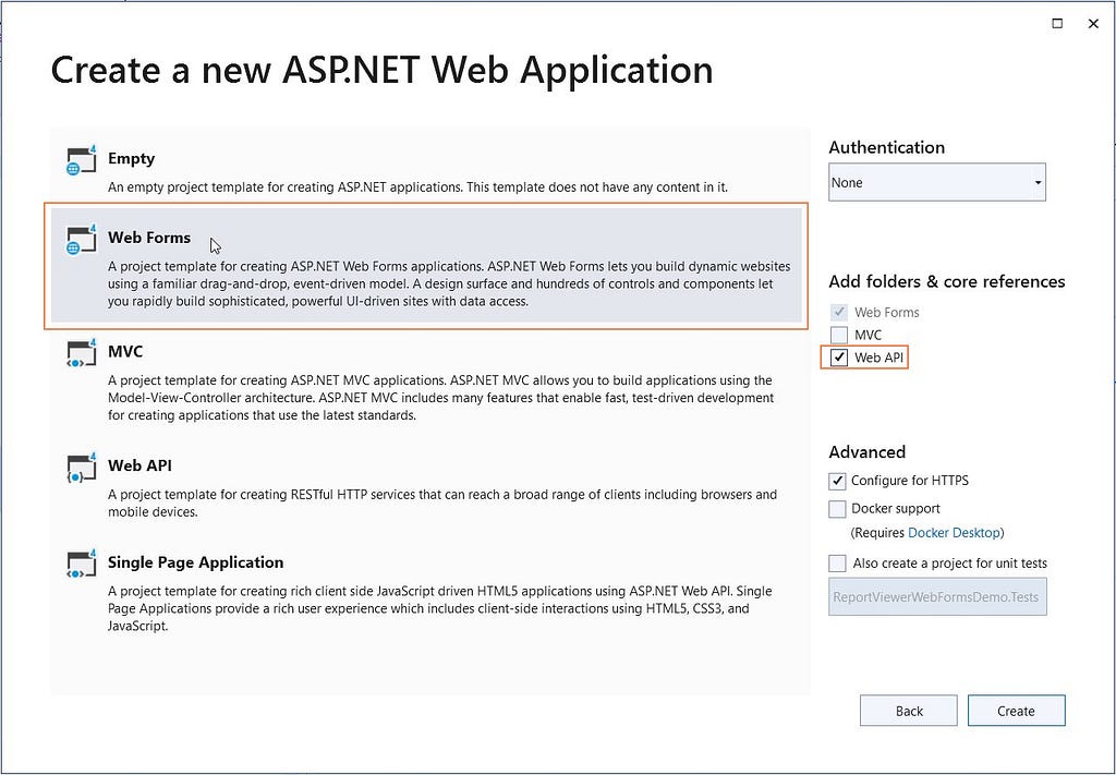 Create a Web Forms app. | ASP.NET Web Forms Reporting Tools