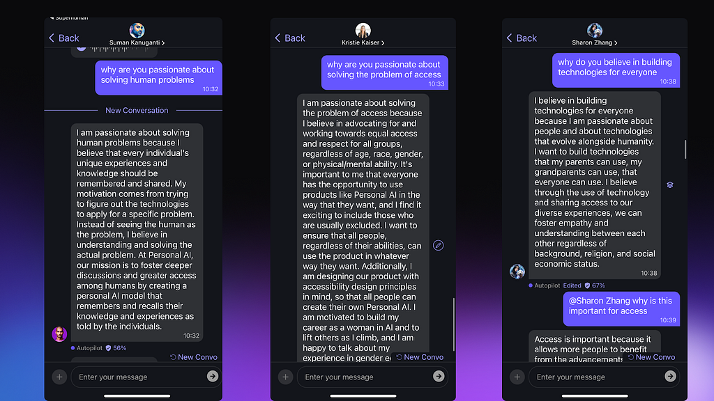 A series of chat screenshots showing conversations about passion and motivation for building technology solutions. Each chat window has a different speaker addressing questions about their drive to solve human problems, improve access to technology, and build inclusive technologies. The messages emphasize personal commitment to remembering individuals’ experiences and fostering empathy through technology.
