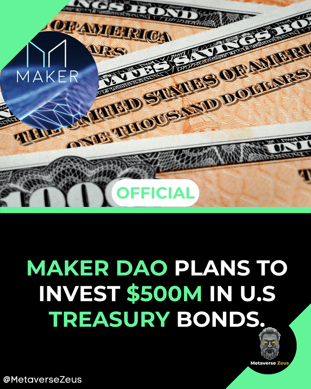 Maker DAO plans to invest $500M in U.S treasury bonds.