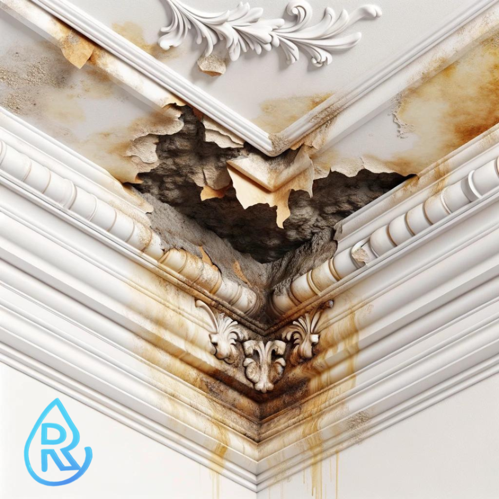Interior ceiling damage showing advanced signs of water intrusion, with peeling white paint and crumbling plaster near ornate crown molding. Discoloration in hues of brown and yellow indicate moisture accumulation and potential mold growth, requiring urgent water damage restoration services.