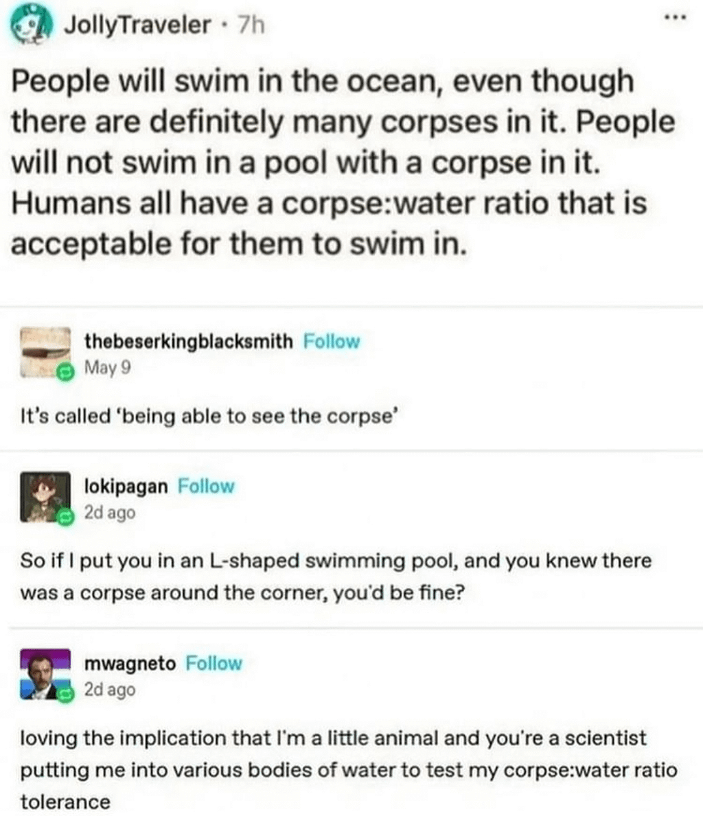Tumblr thread. Original post says “People will swim in the ocean, even though there are definitely many corpses in it. People will not swim in a pool with a corpse in it. Humans all have a corpse:water ratio that is acceptable for them to swim in.” The thread continues the discussion, until a different user writes “loving the implication that I’m a little animal and you’re a scientist putting me into various bodies of water to test my corpse:water ratio tolerance”