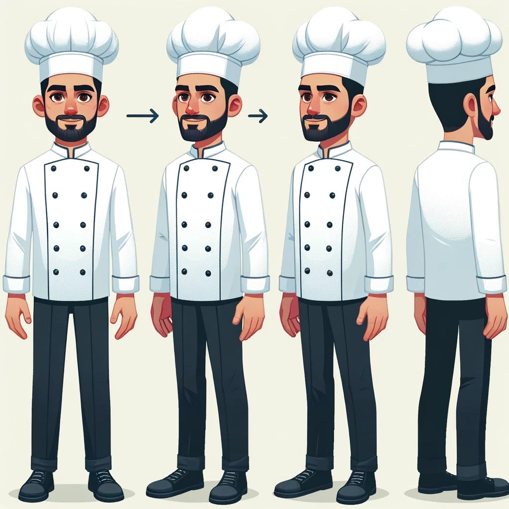 Illustration of a character reference sheet for a chef. It presents the same chef from several angles, including front, left side, right side, and back. The chef has a neatly trimmed beard and wears a white chef’s coat, a toque, and black pants. The chef is of Hispanic descent and male