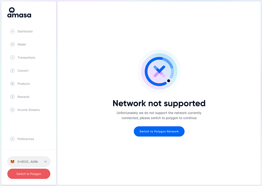 Amasa dapp “Network not supported” page screenshot