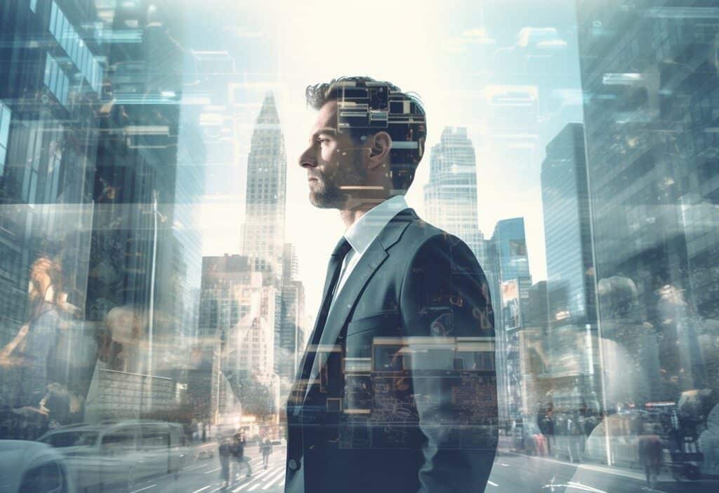 An image of a man with a silhouette of a City in the background. He is pursuing an AI Career Path.