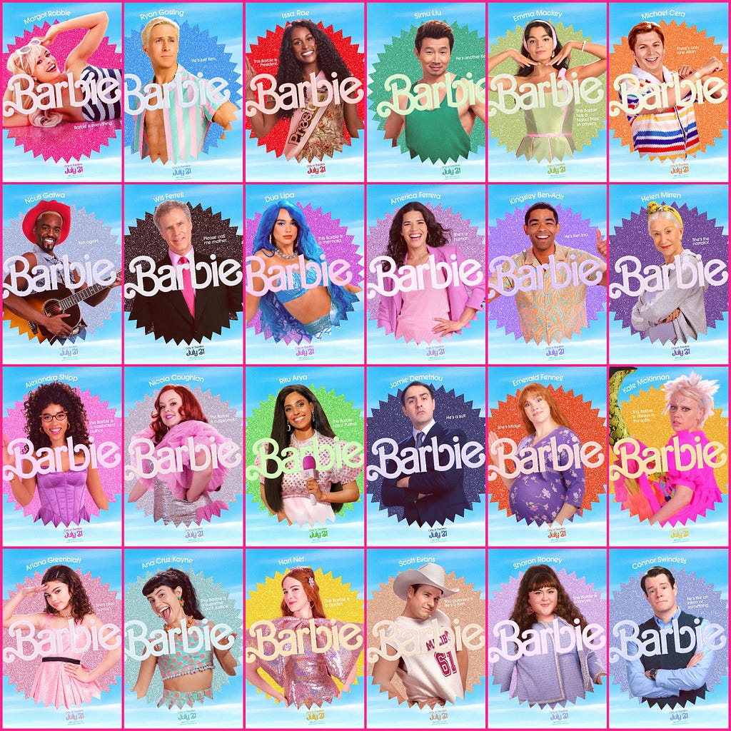 The image is a compilation of all the Barbie character movie posters.
