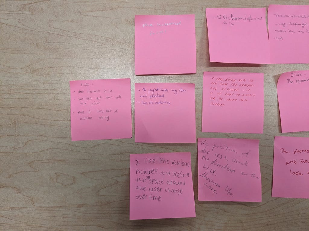 Pink sticky notes with handwritten comments.