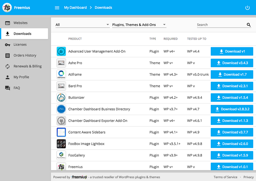 Freemius Users Dashboard Downloads Section