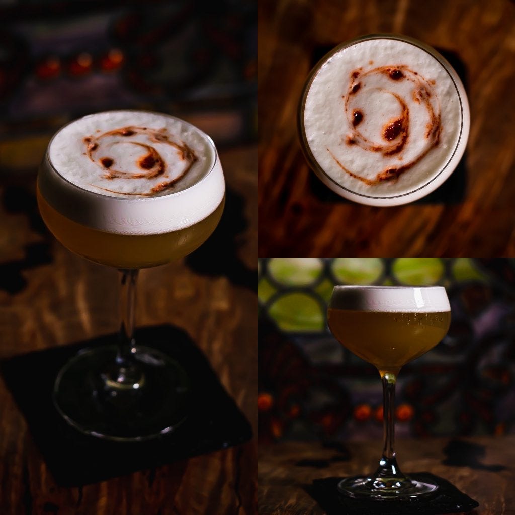 Three photos of the Reverse Dry Shake Whiskey sour, with a top view, side view, and diagonal view