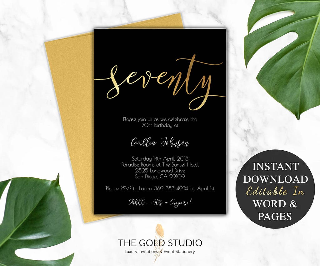 70th Birthday Invitation Instant Download DIY Editable Template Modern Black & Gold Print