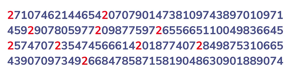 Row of numbers in blue color with few numbers highlighted in red