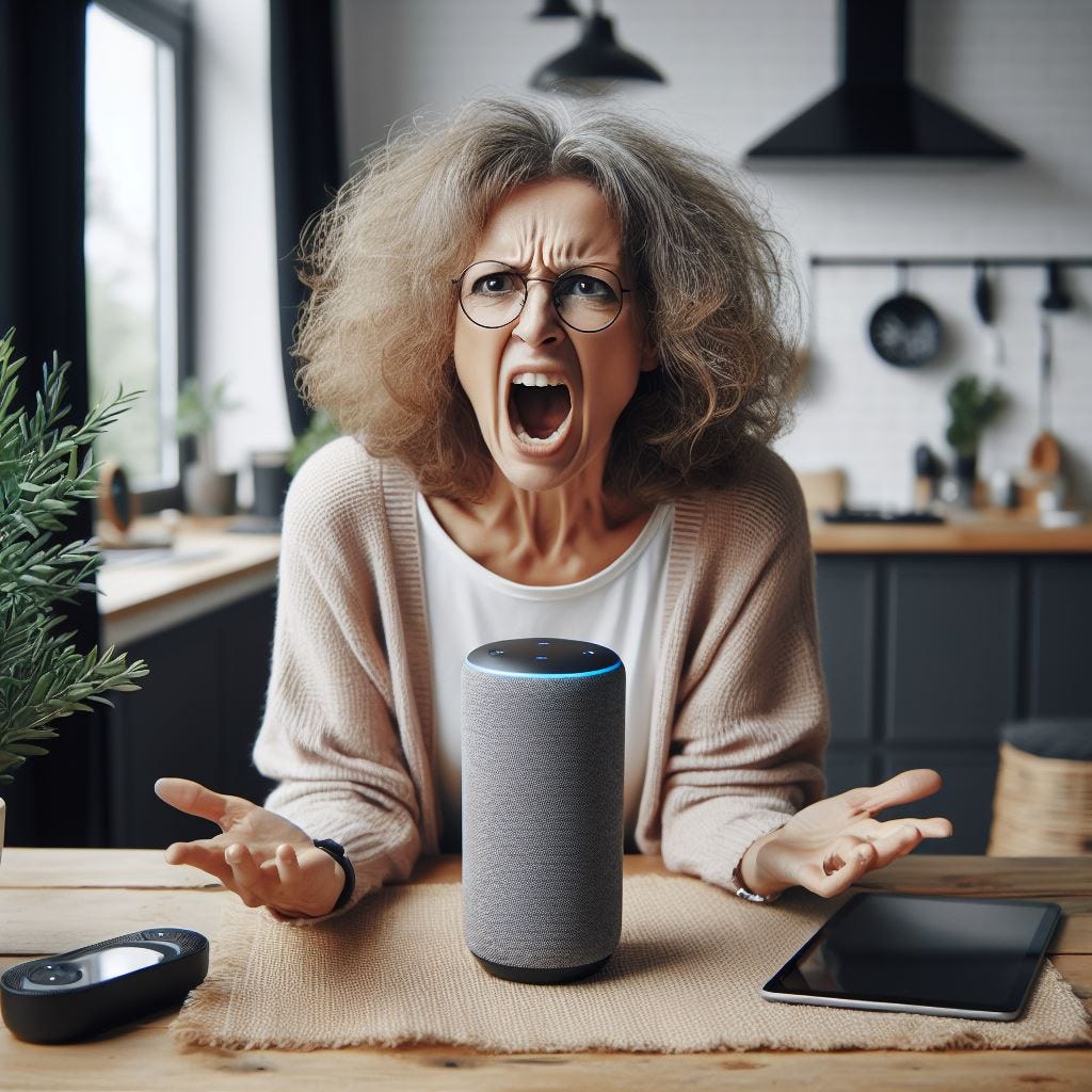 Women in kitchen frustrated with Alexa