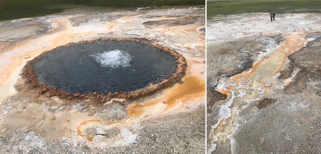 A sinter mound at Yellowstone National Park surrounded by microbes feeding on hot spring chemicals. Right: outflow channel with microbial mat communities adapted to high temperature photosynthesis and lower temperature green photosynthesizing plants in the distance. Image borrowed from Bruce Damer (2019), link in the main text.