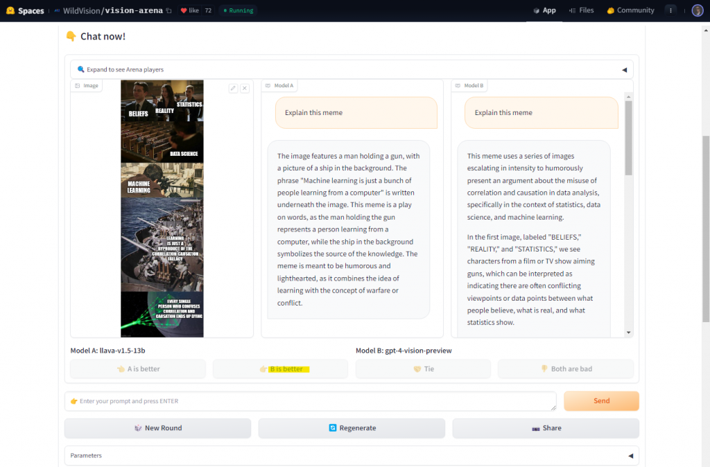 A screenshot of the WildVision/vision-arena interface on Hugging Face Spaces, displaying two AI-generated explanations for a meme. The meme itself is not fully visible. The interface shows a chat window with two tabs, “Model A” and “Model B,” each providing a different explanation of the meme. Model A’s explanation is partially visible and mentions a man holding a gun and a ship in the background. Model B’s explanation is fully visible, discussing the meme’s use of images to humorously escalate