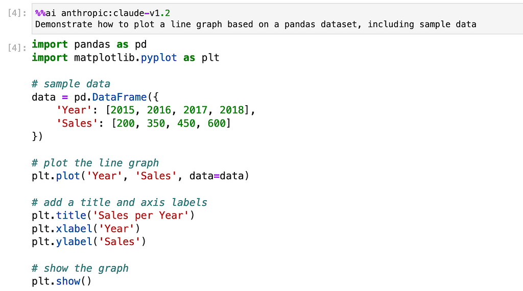 Partial screenshot of JupyterLab running an %%ai magic command using the Anthropic Claude-v1.2 model