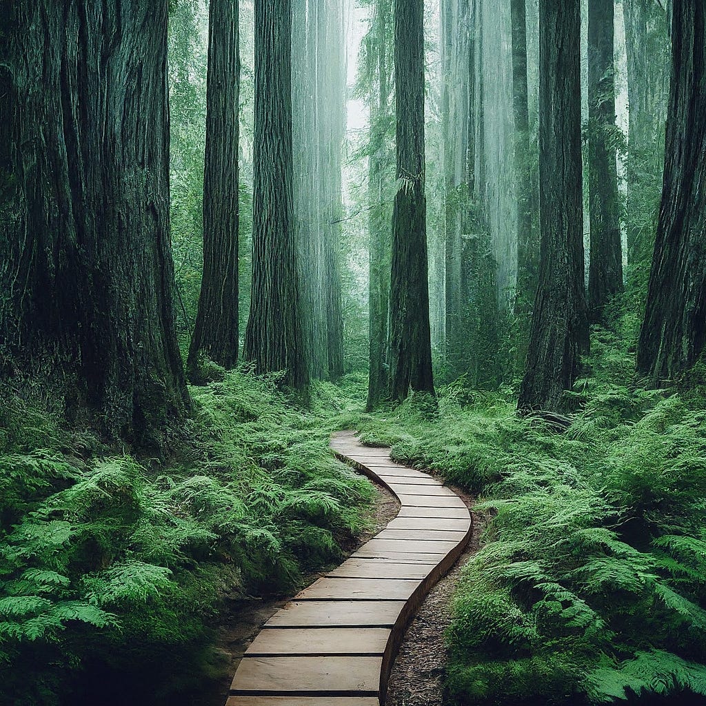 Wooden pathway winding through a lush green forest, symbolizing the journey towards a sustainable career