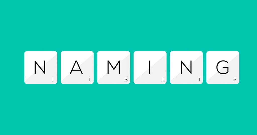 Em um fundo verde, é possível ver 6 peças do jogo de palavras cruzadas conhecido como "scrabble" alinhadas formando a palavra "Naming", que traduzida ao português representa o verbo "nomear".