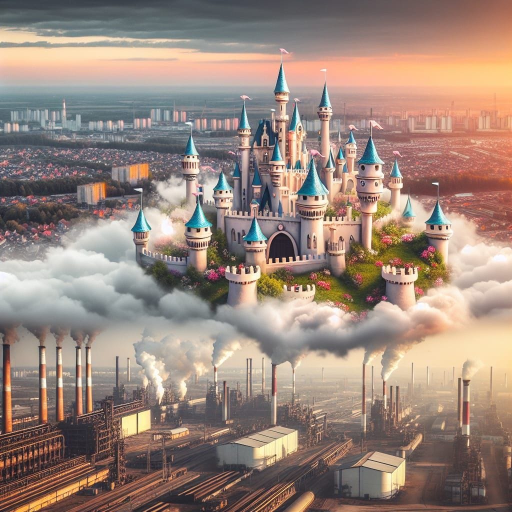 Fairytale castle above an industrial city