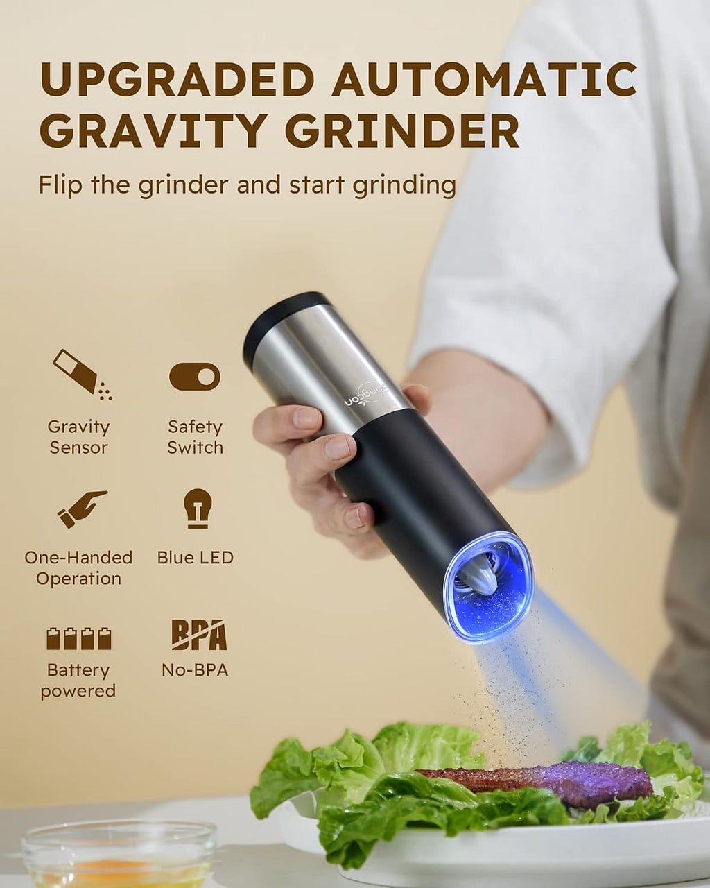 Sangcon Gravity Electric Salt and Pepper Grinder Set With Safety Switch, Battery Powered Salt Shakers Mill with LED Light, Adjustable Coarseness, One Hand Automatic Operation