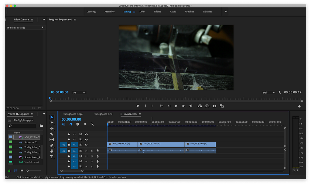 Editing program showing three clips placed in a timeline
