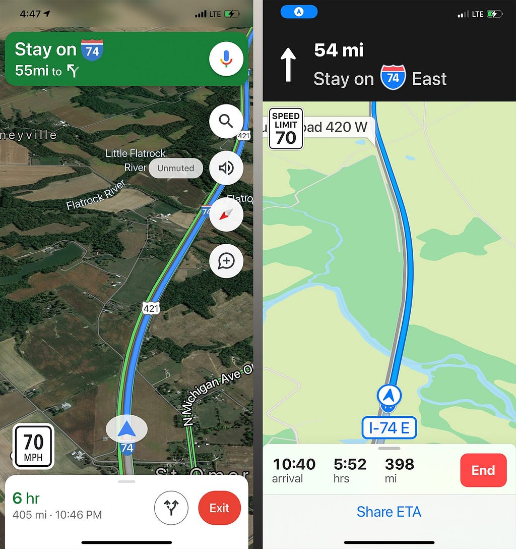 Screenshots for Google and Apple Maps of an interstate journey