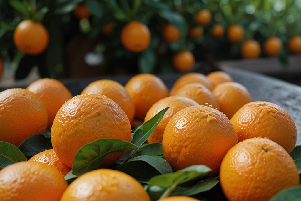 Hydroponic oranges with water droplets on them, displayed in front of orange trees.