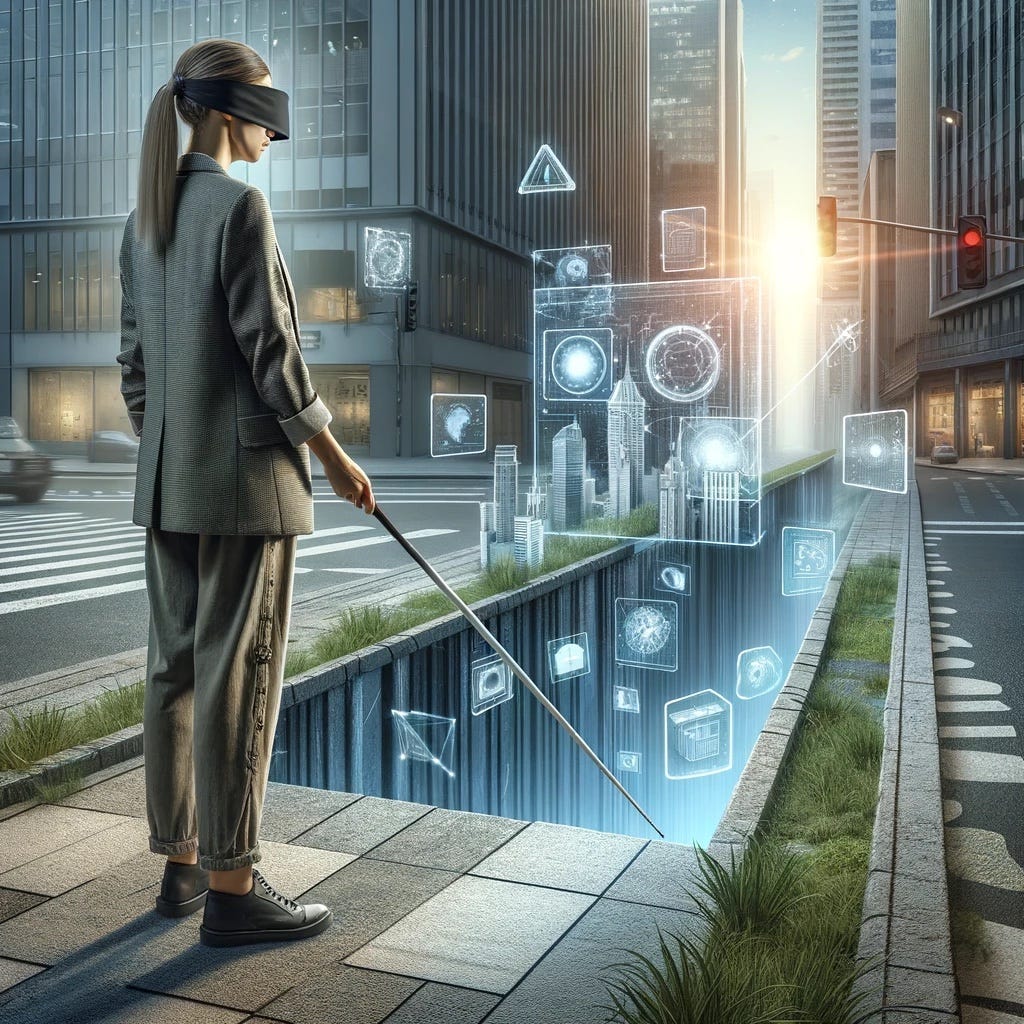 Generated by Dall-e 3. Here is the updated image of the blindfolded female analyst now dressed in casual trousers, standing at the edge of a gap on a city footpath. The gap is filled with futuristic tools, and she is holding a blind stick over it. The setting with modern skyscrapers emphasizes the blend of casual professionalism in a futuristic environment.