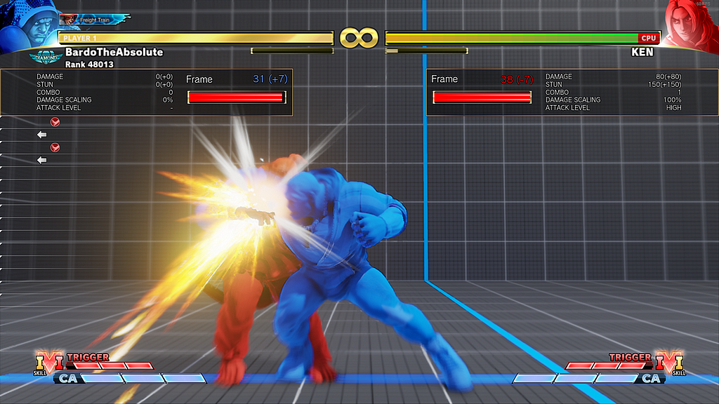 The training mode of Street Fighter V. It depicts the character Balrog hitting Ken. Balrog is at an advantage state so he’s highlighted blue whilst Ken is at a disadvantage state so he’s highlighted red.