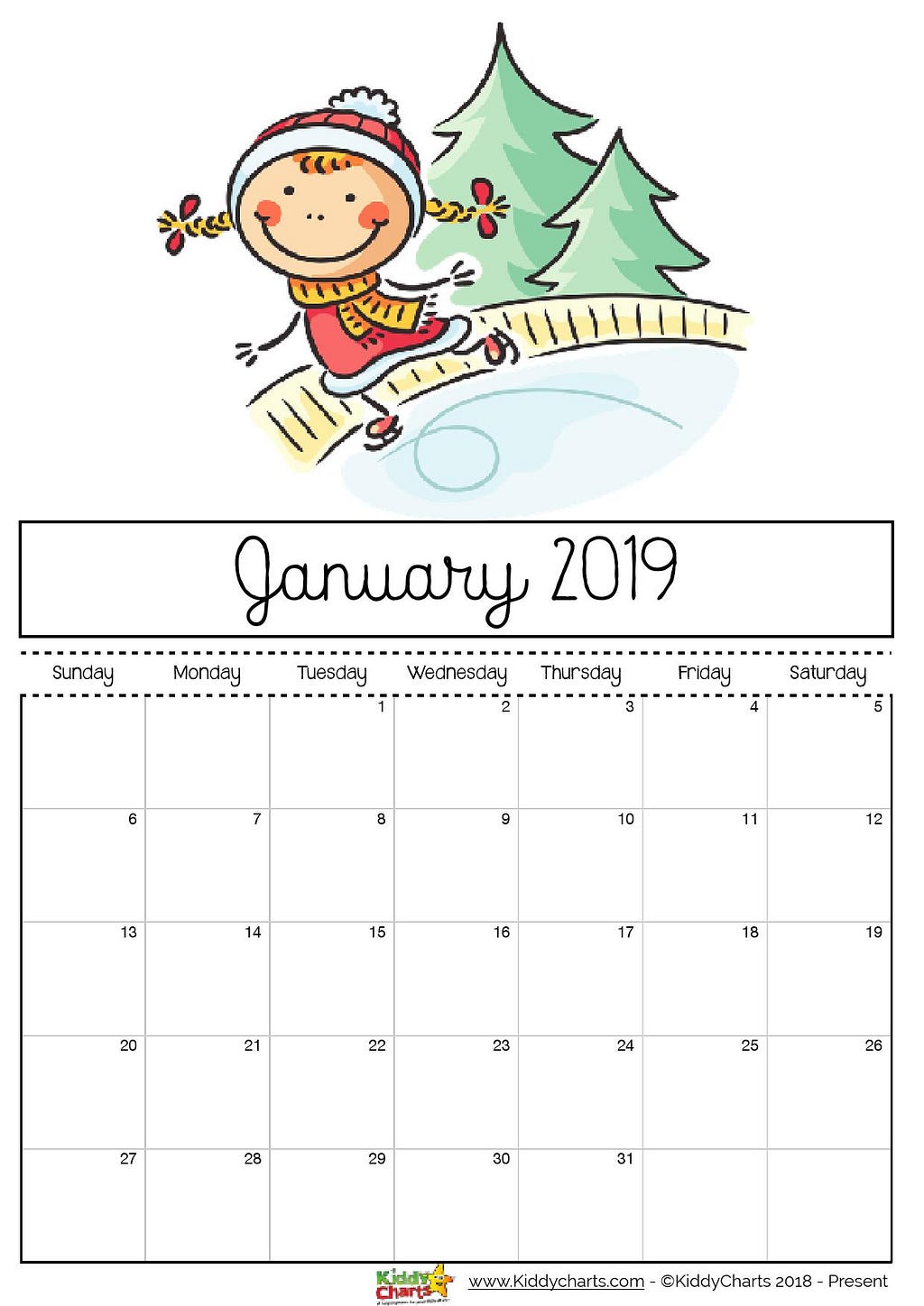 January printable 2019 calendar - girl playing on an ice rink. Perhaps something you can do too?!? #calendar2019 #printables #kidsprintables 