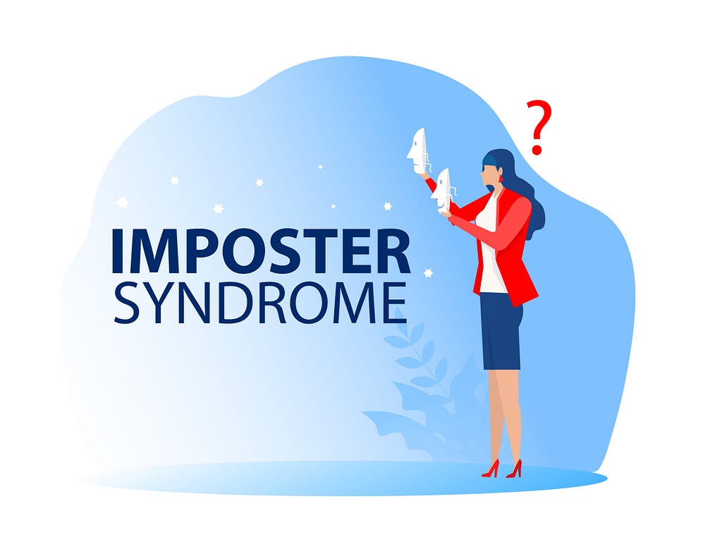 A vector image with "Imposter syndrome" written and a woman trying on carnival masks with happy or sad expressions. 