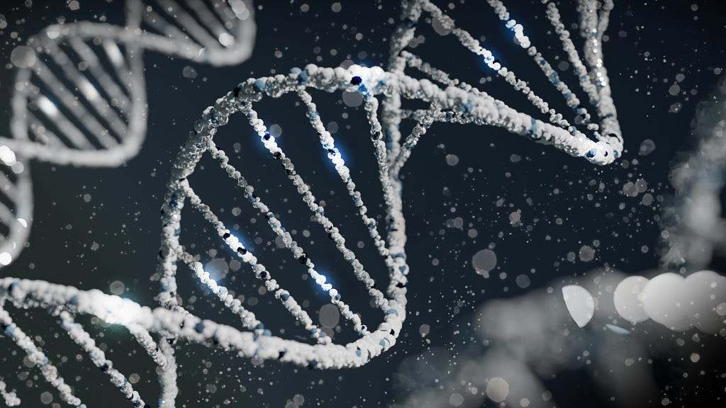 A photograph of the double helix of a deoxyribonucleic acid (DNA) molecule
