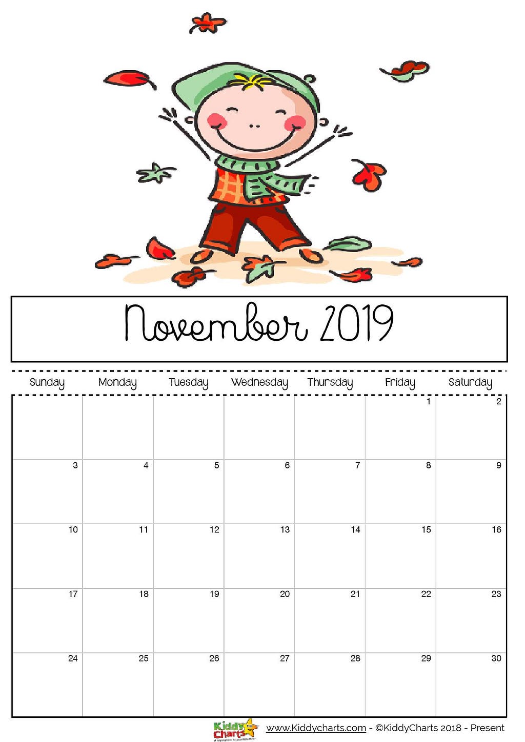 November 2019 printable calendar; boy kicking and playing with leaves - now that looks fun doesn't it?!? #printable #kidsprintables #2019calendar