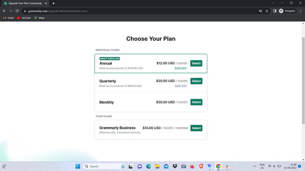 Grammarly offers annual, quarterly, and monthly plans.