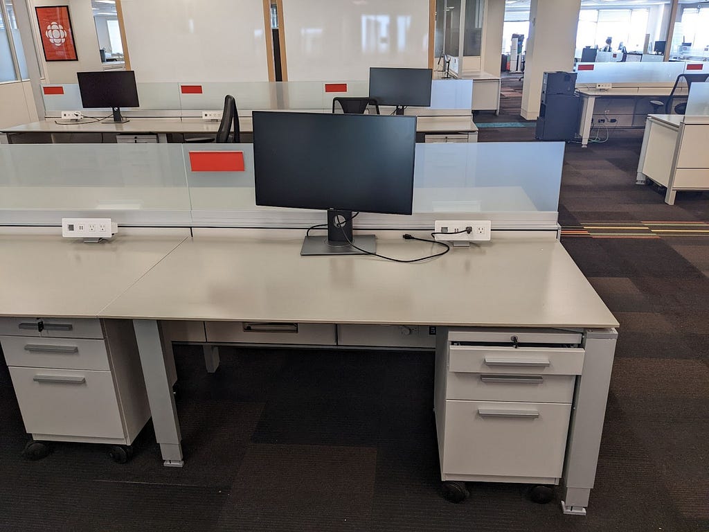 Clean desk with a computer monitor on top.