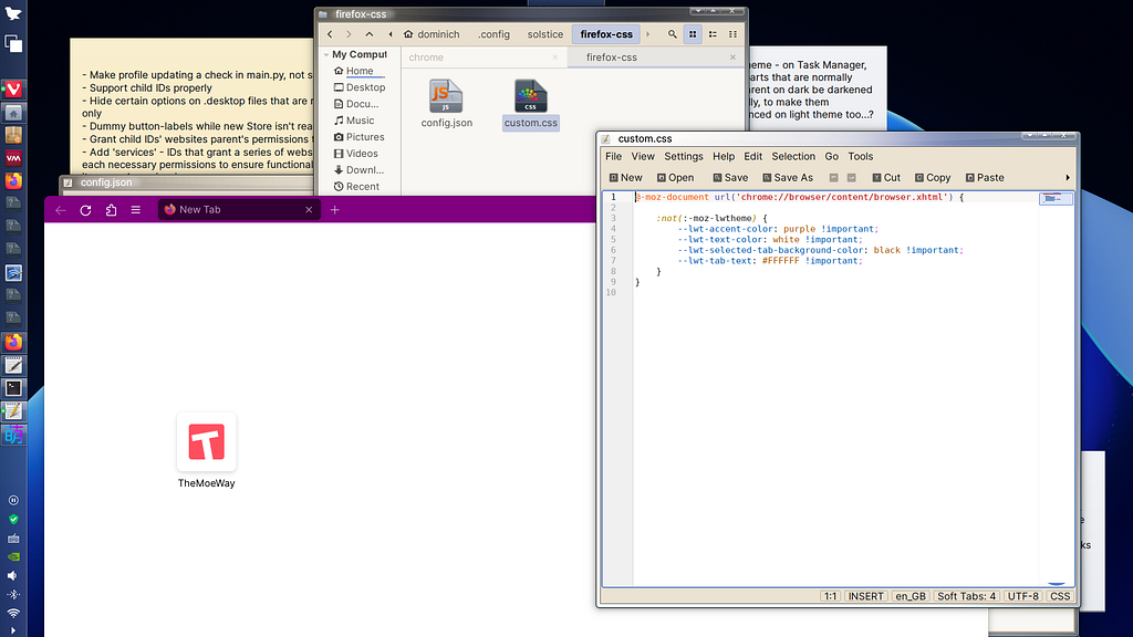 A developer-taken screenshot showing a Solstice window, with CSS mods, behind a window showing its custom CSS mod file in a text editor