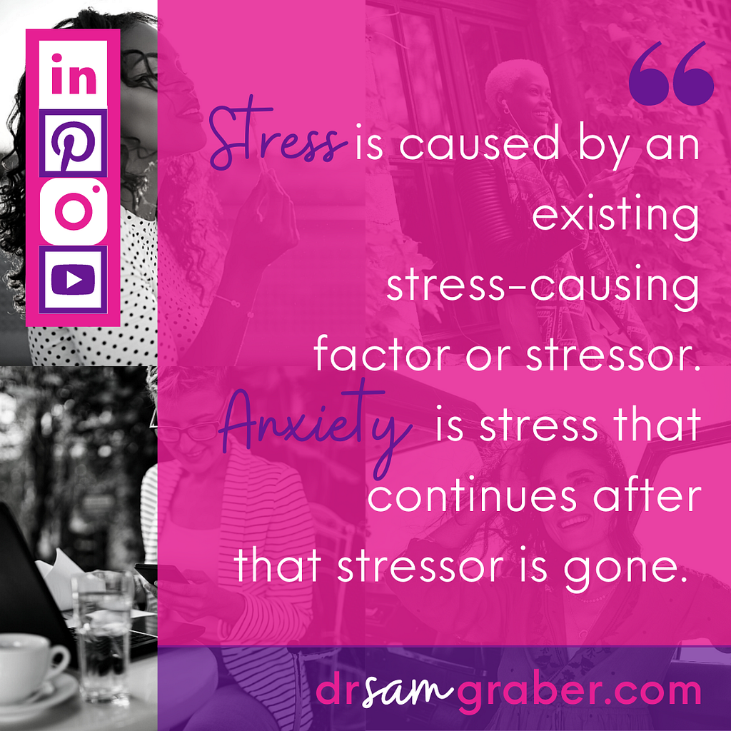 Quote by author, Dr. Sam Graber: “Stress is caused by an existing stress-causing factor or stressor. Anxiety is stress that continues after that stressor is gone”. Black & White picture with pink overlay as background.