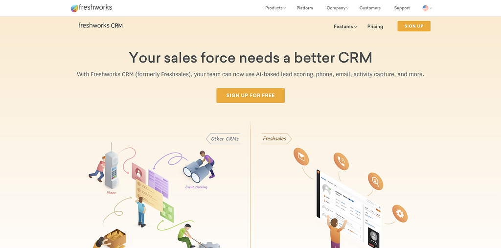 homepage of Freshworks&#39; sales CRM software
