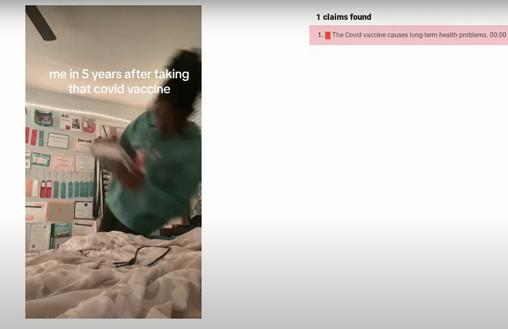TikTok video of woman falling over with text on screen saying “me in 5 years after taking that Covid vaccine” with “claims found”.
