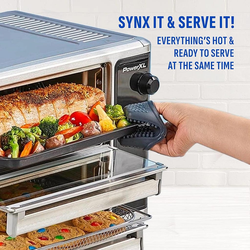 PowerXL SmartSynx Dual Door Air Fryer Oven, Cook Different Food at the Same Time, 10 Cooking Functions including Bake, Broil, Toast, Roast  More, Great for Family Meals, Stainless Steel