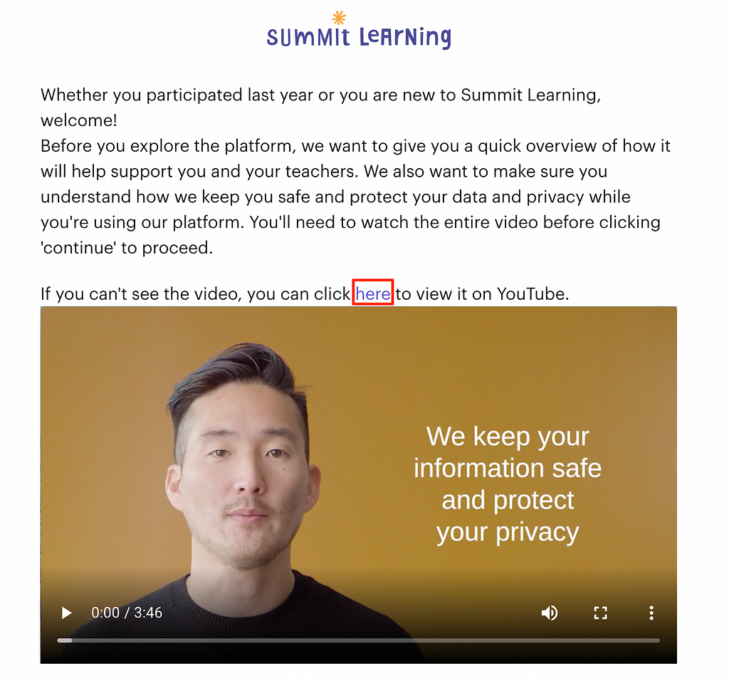 The Summit Learning TOS page. A sentence reads “you can click here to view it on YouTube”, where “here” is the highlighted link text.
